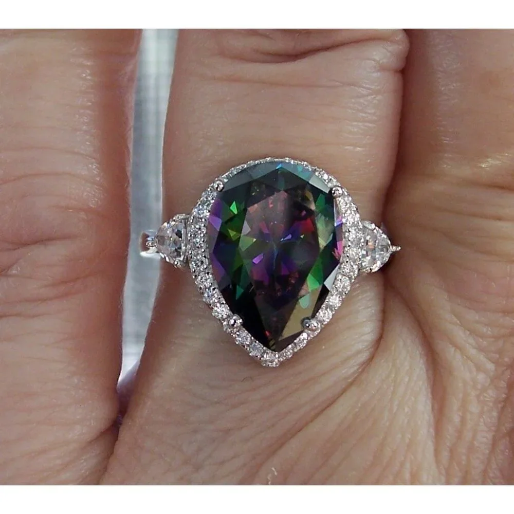 925 Sterling Silver Simulated Mystic Rainbow Topaz CZ Pear Cut Halo Ring - Picture 13 of 16